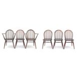 Set of six Ercol elm stick back dining chairs including two carvers, each 82cm high : For Further