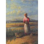 Young girl in a field, early 20th century oil on board, inscribed verso, framed, 40cm x 29.5cm : For