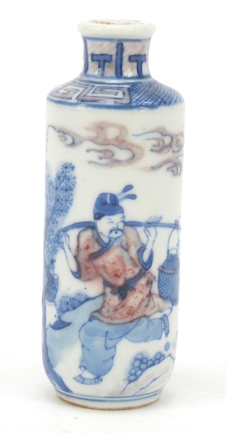 Chinese blue and white with iron red porcelain snuff bottle hand painted with figures in a