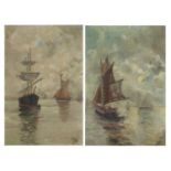 Manner of Carl Baaqoe - Ships on water, pair of oil on canvasses, framed, each 49cm x 34cm : For