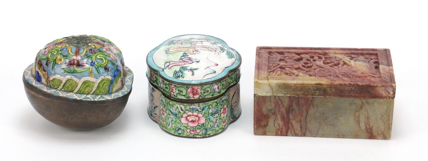 Chinese carved stone box and cover and two enamel boxes with covers, the largest 11.5cm wide : For - Image 3 of 12