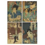Two pairs of Japanese woodblock prints depicting warriors and Geishas, framed and glazed, the
