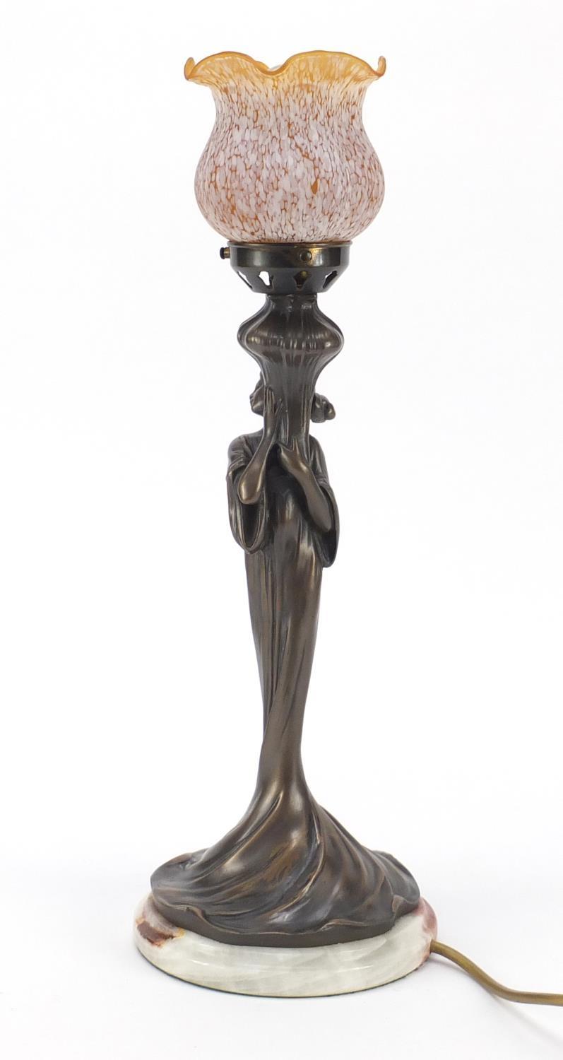 Art Nouveau style bronzed maiden design table lamp with frilled glass shade on marble base, 46cm - Image 3 of 5