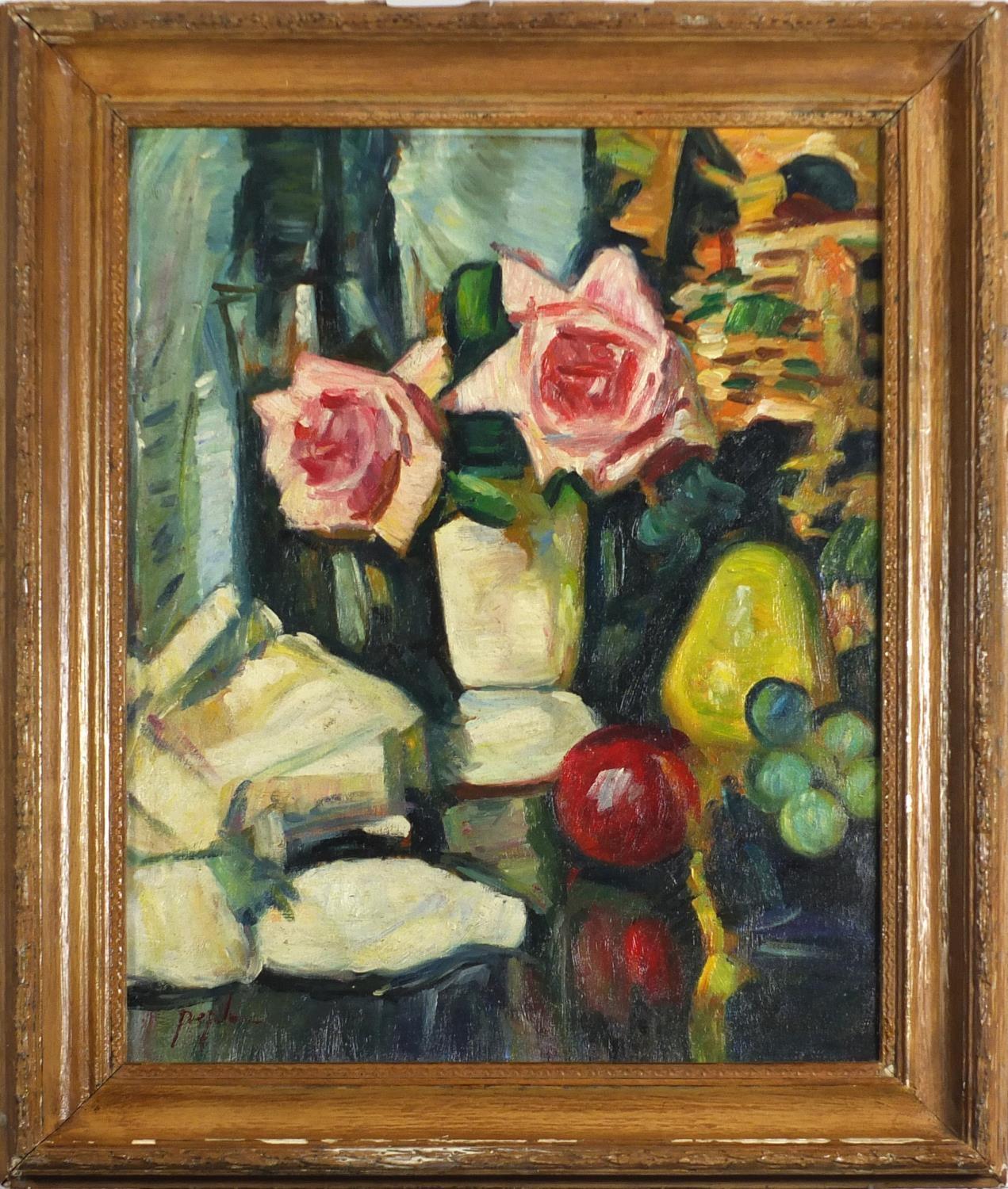 Still life flowers and fruit, Scottish colourist school, oil on board, framed, 41.5cm x 39.5cm : For - Image 2 of 4