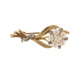 9ct gold diamond and pearl floral bouquet brooch, 3.5cm in length, 3.3g : For Further Condition