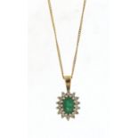 9ct gold emerald and diamond pendant, 1.2cm in length, on a 9ct gold necklace, 1.9g : For Further