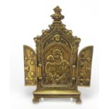 19th century bronzed travelling triptych icon, 17.5cm high : For Further Condition Reports, Please
