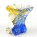 Living - Yellow and blue moulded Art Glass tazza dish, etched mark to the base, 8.5cm x 8cm : For