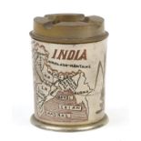 Indian silver coloured metal tobacco jar and ashtray engraved with a crane and map of the