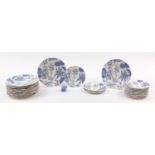 Copeland & Garrett blue and white dinnerware with autumn leaves including dinner plates and side