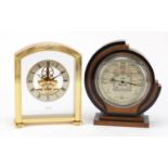 Art Deco style mahogany barometer and a Seiko quartz mantle clock, the largest 23cm high : For