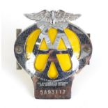 Vintage chrome AA car radiator badge number 5A93117, 11cm high : For Further Condition Reports,