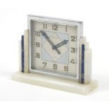 Art Deco onyx lapis lazuli and chrome eight day desk clock with silvered dial having Arabic