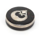 Regency tortoiseshell snuff box with unmarked silver mounts, 8.5cm in diameter : For Further