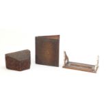 Anglo Indian carved sandalwood stationary box, book slide and blotter pad, the largest 30cm in
