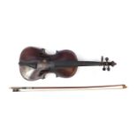 Old wooden violin with scrolled neck, bow stamped Czechoslovakia and case, the back 37cm in length :