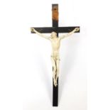 19th century carved ivory corpus Christi on ebonised crucifix, 47cm high : For Further Condition