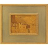 Arts & Crafts Rowley Gallery wooden marquetry panel, Cottage Row, label verso, 38.5cm x 33cm : For