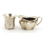 WMF silver beaker and a silver cream jug by Jay, Richard Attenborough Co Ltd, Sheffield 1904, the