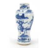 Chinese blue and white porcelain baluster vase hand painted with warriors on horseback, Kangxi