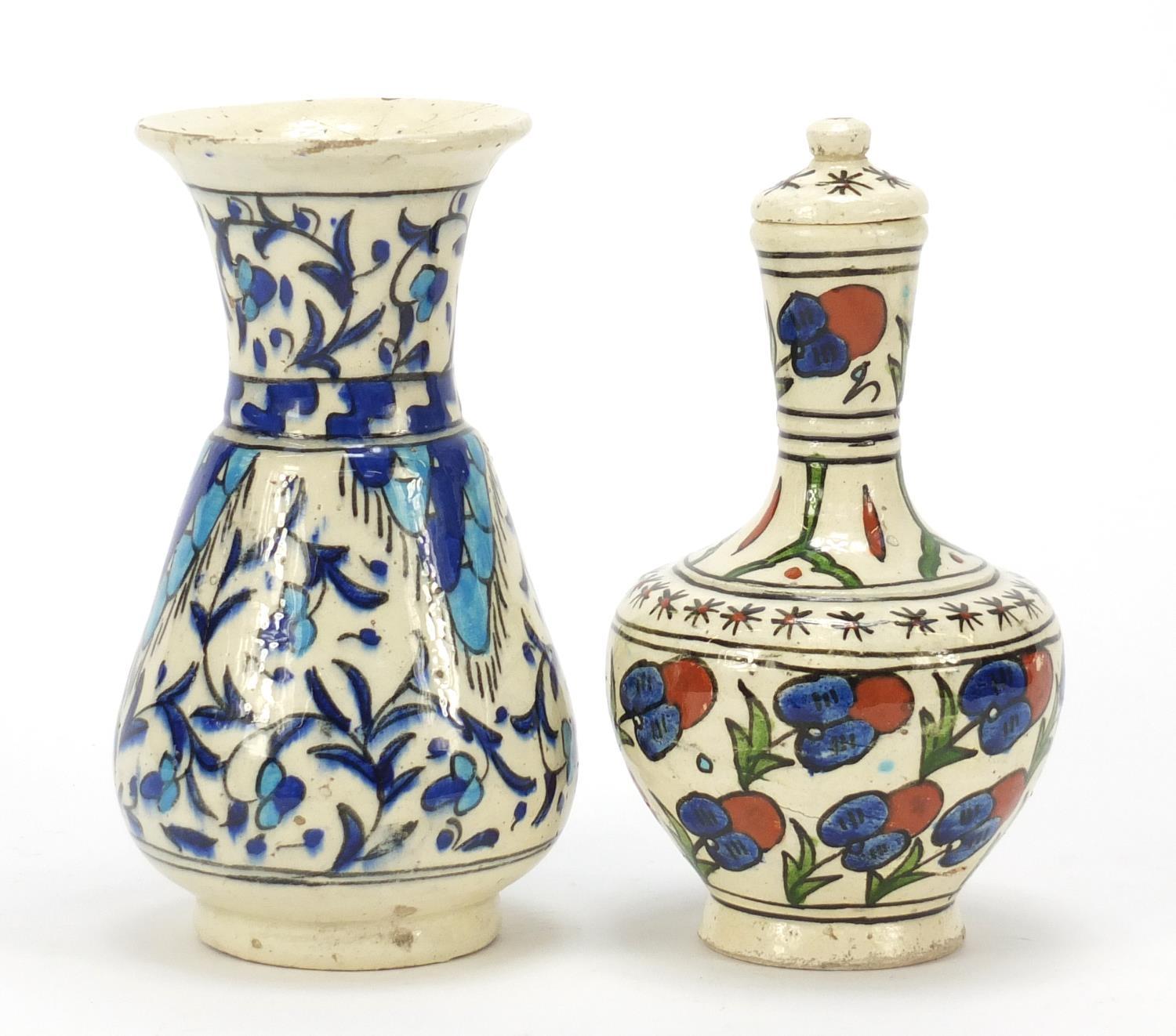 Two Islamic floral pottery vases including one with cover, the largest 11cm high : For Further - Image 2 of 9