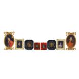 Four pairs of portrait miniatures housed in ornate frames, the largest 16.5cm x 11.5cm : For Further