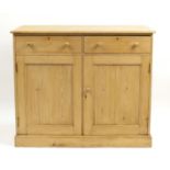 Large Victorian pine two door cupboard with two drawers, 107cm H x 125cm W x 63cm D : For Further
