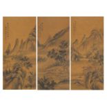 Tryptich of three Chinese watercolours, each depicting river landscapes with calligraphy and red