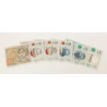 Five Elizabeth II Bank of England bank notes comprising two ten pound notes with serial numbers AA01