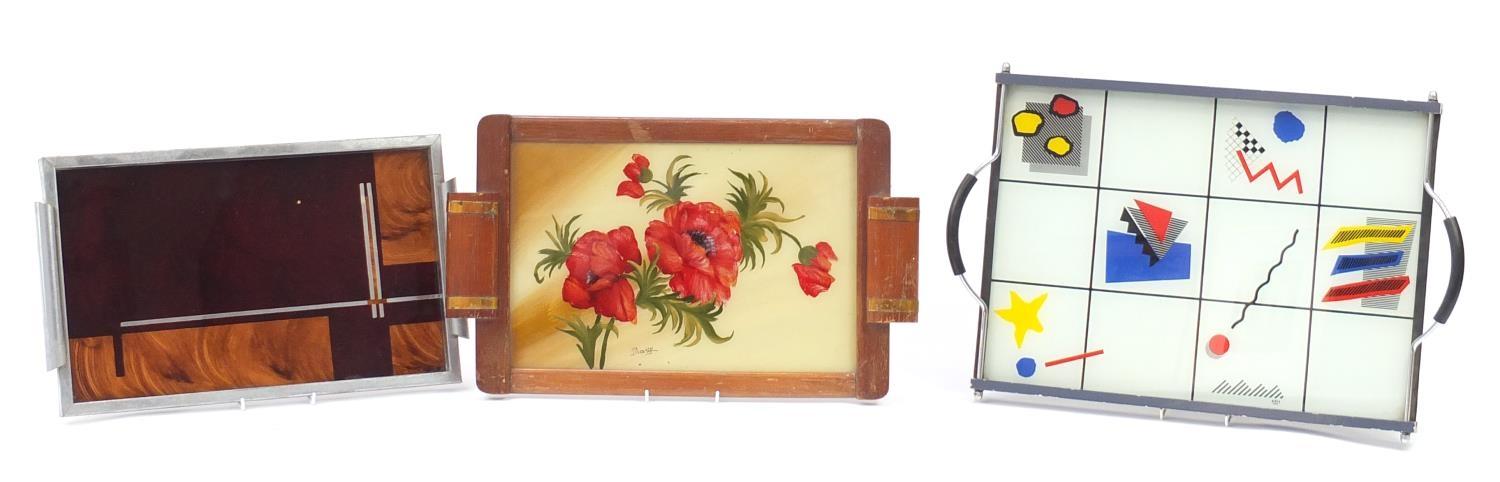 Three serving trays comprising a 1970's French example by Axis, oak framed Art Deco example hand