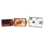 Three serving trays comprising a 1970's French example by Axis, oak framed Art Deco example hand