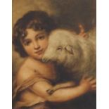 Young child with a sheep after the old Master, 19th century watercolour, mounted, framed and glazed,