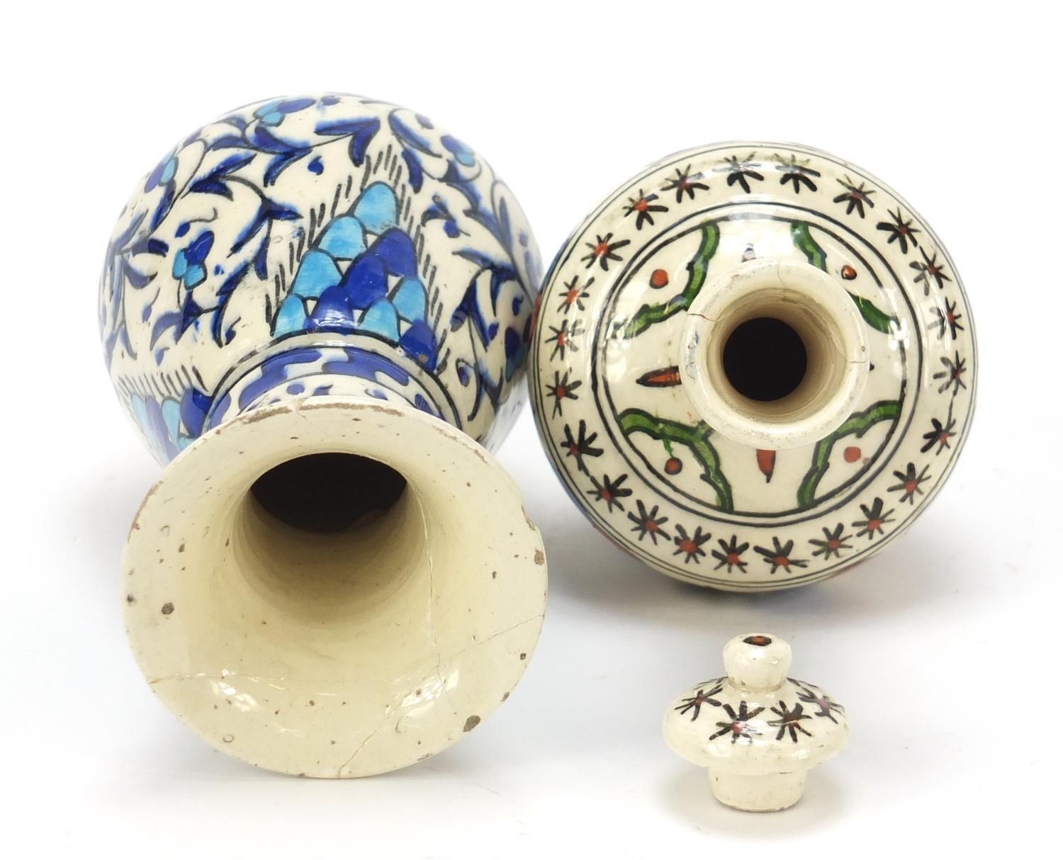 Two Islamic floral pottery vases including one with cover, the largest 11cm high : For Further - Image 8 of 9