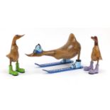 Set of three novelty wooden ducks with colourful oversized boots, the largest 40cm in length : For