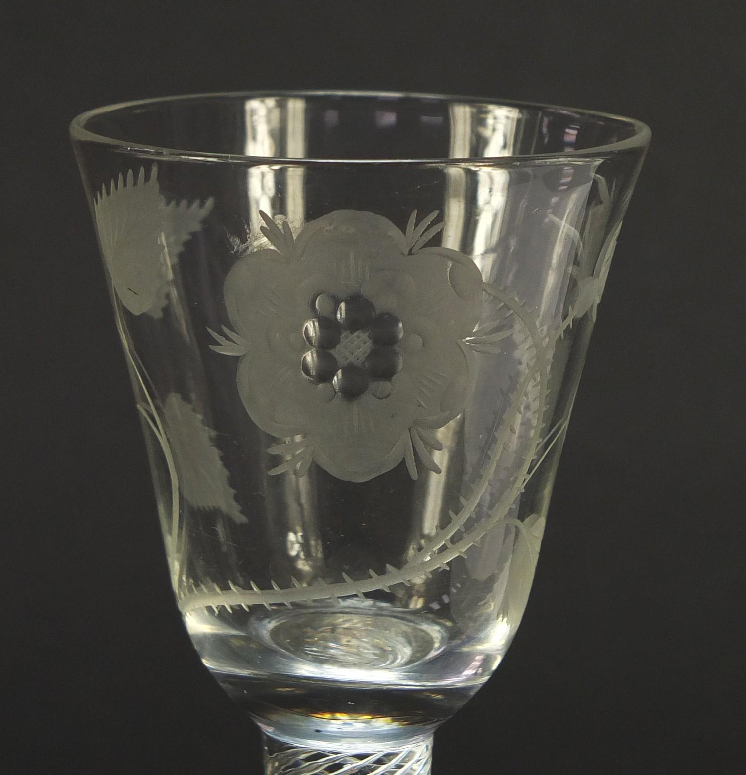 18th century Jacobite wine glass having a rounded funnel bowl engraved with a rose and foliage, on - Image 9 of 9