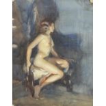 Seated nude female, watercolour, bearing an indistinct signature, mounted, framed and glazed, 27cm x