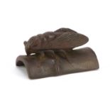 Japanese patinated bronze model of a fly perched on a roof tile, bearing seal marks to base, 6.5cm :