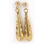 Pair of 9ct gold lozenge shaped earrings for pierced ears with butterfly clips, each 2cm in