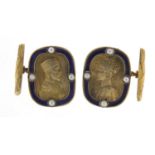 Pair of Russian silver and enamel portrait cufflinks set with green stones, each with impressed