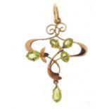 Art Nouveau 9ct gold peridot pendant, 4cm in length, 2.1g : For Further Condition Reports, Please