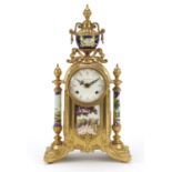 French Empire style gilt metal mantle clock with porcelain panels and Franz Hermle movement, 42cm
