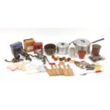 Vintage kitchenalia including silver plated cutlery, meat grinders, pans with Bakelite handles and