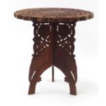 Anglo Indian folding table with brass inlay, 45cm high x 46cm in diameter : For Further Condition
