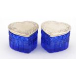 Pair of blue glass and sterling silver heart shaped trinket boxes, 6.3cm x 4.4cm : For Further