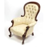 Victorian spoon back armchair with beige button back upholstery, 102cm high : For Further