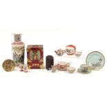 Chinese and Japanese ceramic and objects including casket with carved jade panels, Kutani saucer and