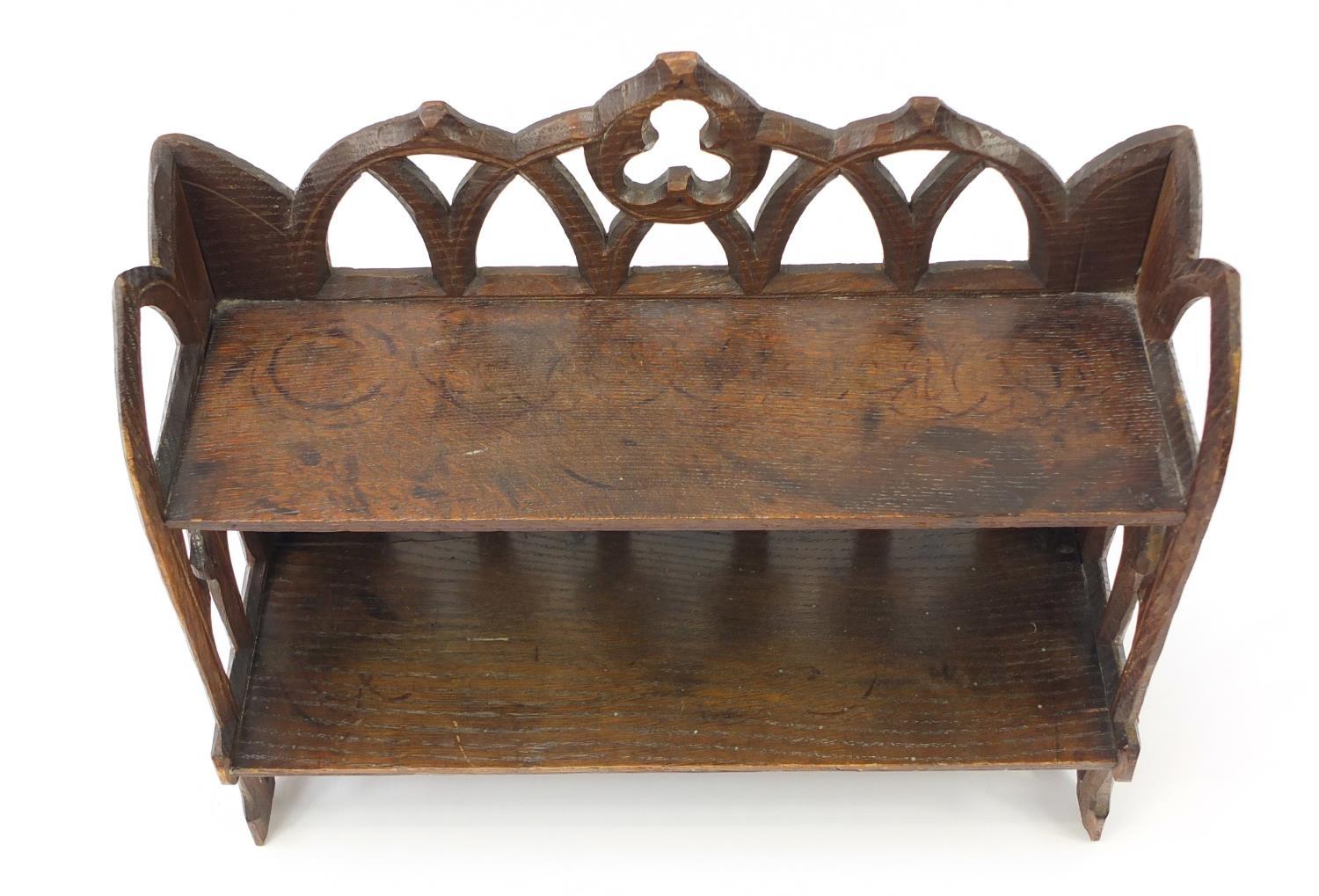 19th century Gothic oak book shelf, 31cm H x 36cm W x 13.5cm D : For Further Condition Reports, - Image 4 of 11