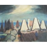 Manner of Markey Robinson - Figures before cottages and water, Irish school oil, framed and