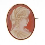 Victorian carved stone cameo maiden head brooch with 15ct gold mount, 3cm high, 10.6g : For