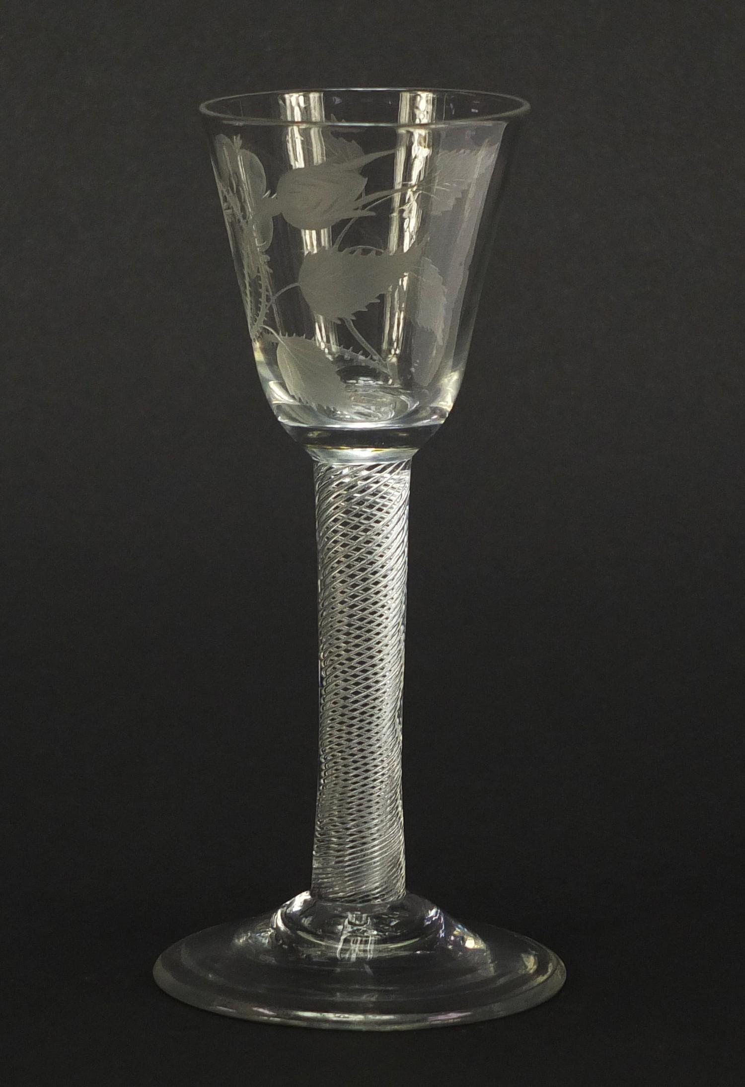 18th century Jacobite wine glass having a rounded funnel bowl engraved with a rose and foliage, on - Image 3 of 9